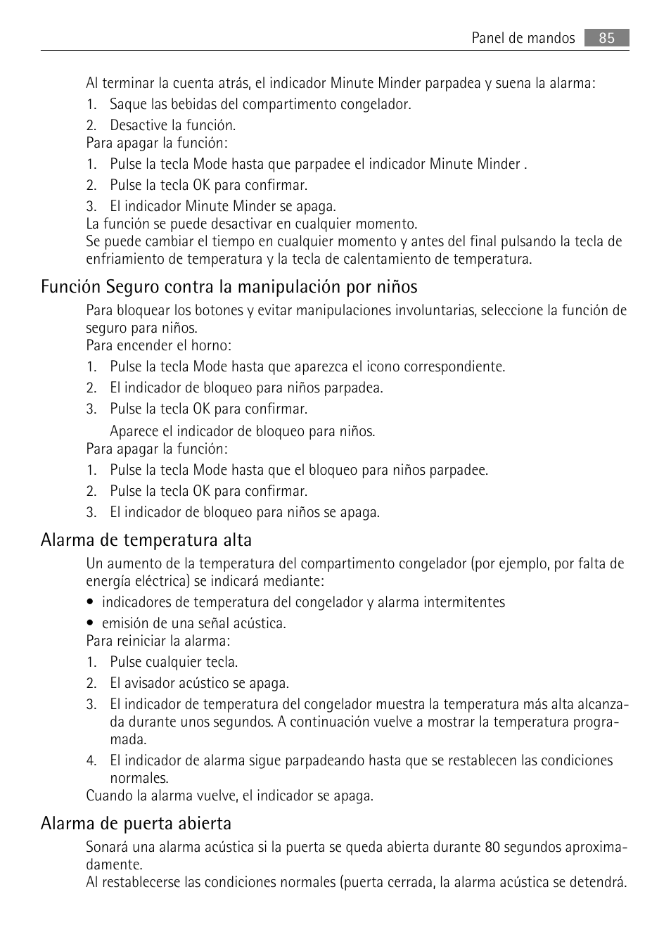 Función seguro contra la manipulación por niños, Alarma de temperatura alta, Alarma de puerta abierta | AEG AGN81800F0 User Manual | Page 85 / 96