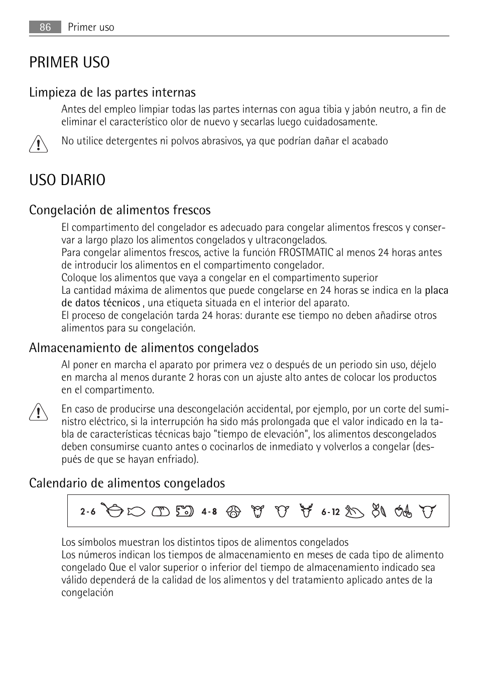 Primer uso, Uso diario, Limpieza de las partes internas | Congelación de alimentos frescos, Almacenamiento de alimentos congelados, Calendario de alimentos congelados | AEG AGN81800F0 User Manual | Page 86 / 96