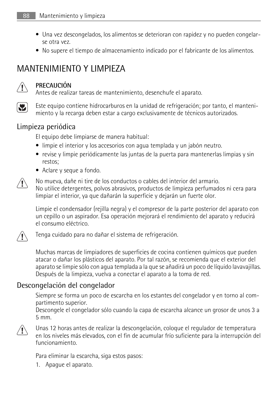 Mantenimiento y limpieza, Limpieza periódica, Descongelación del congelador | AEG AGN81800F0 User Manual | Page 88 / 96