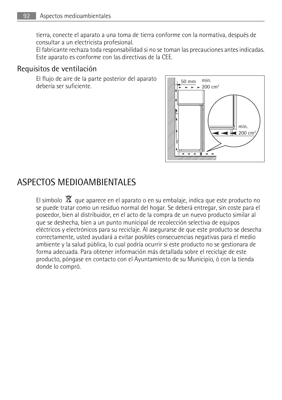 Aspectos medioambientales, Requisitos de ventilación | AEG AGN81800F0 User Manual | Page 92 / 96