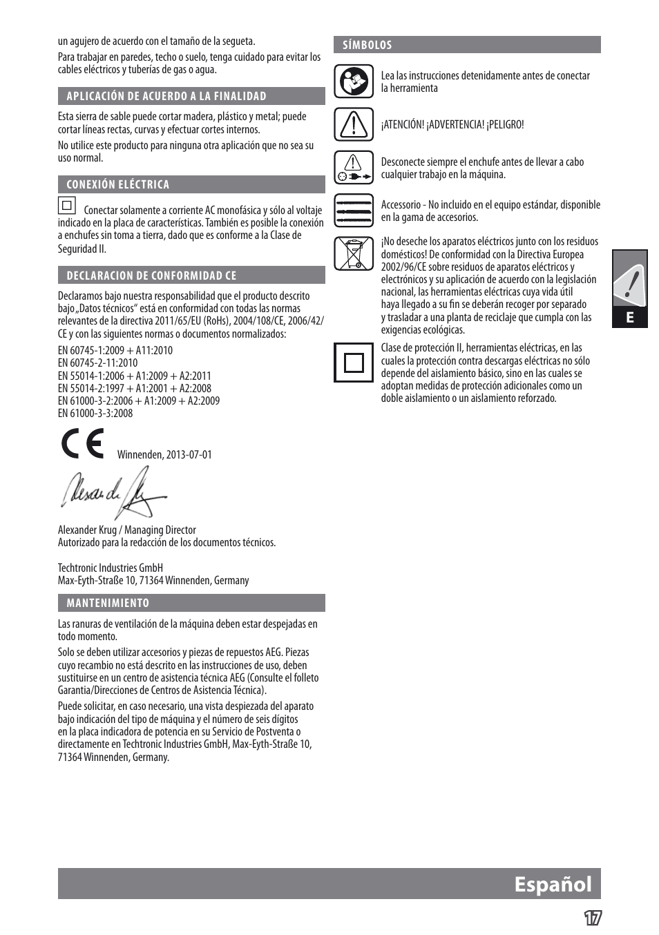Español | AEG US 900 XE User Manual | Page 19 / 64