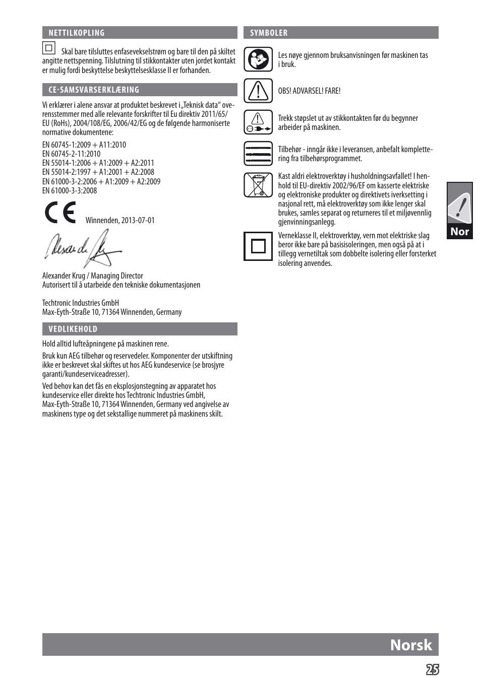 Norsk | AEG US 900 XE User Manual | Page 27 / 64