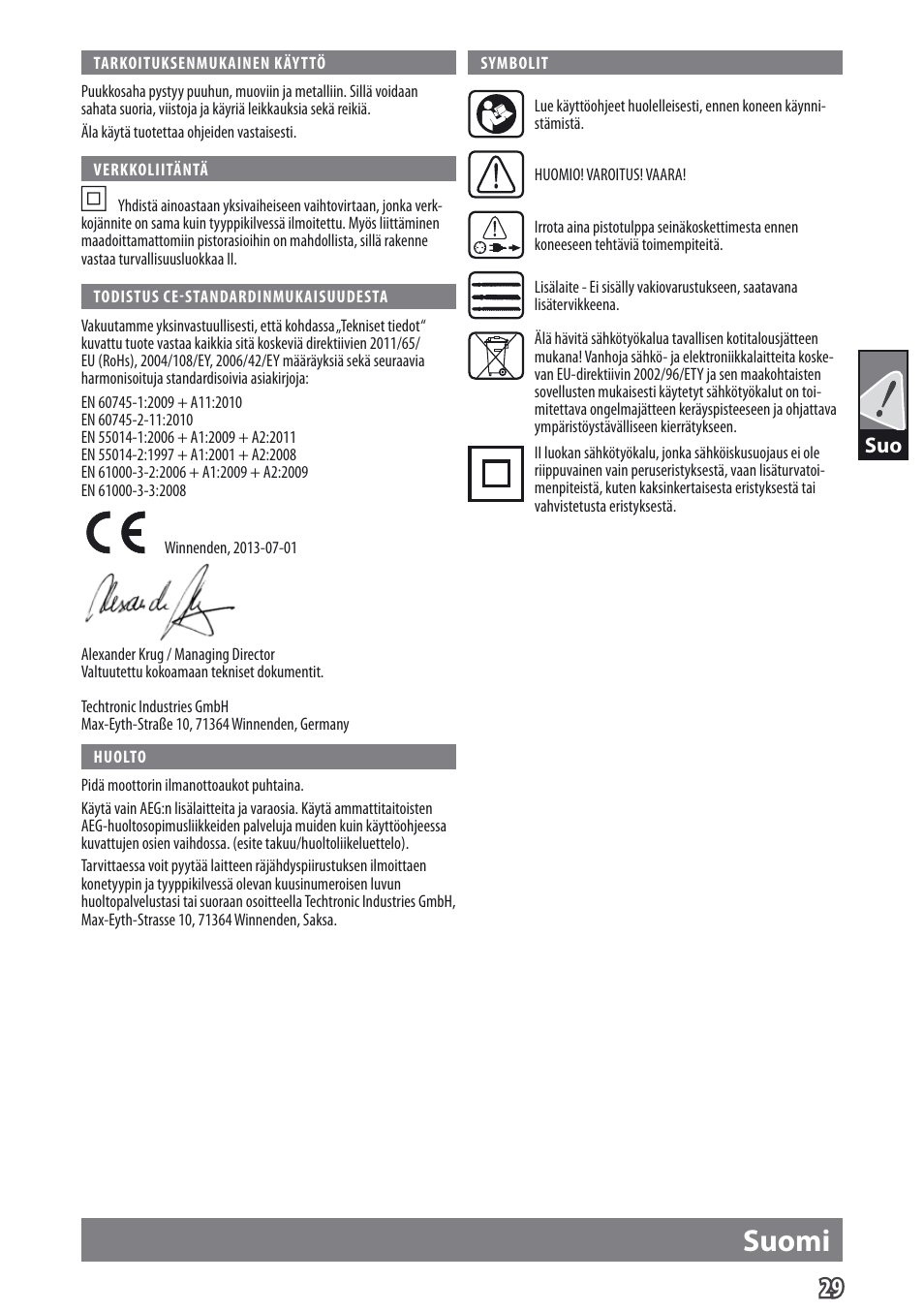 Suomi | AEG US 900 XE User Manual | Page 31 / 64