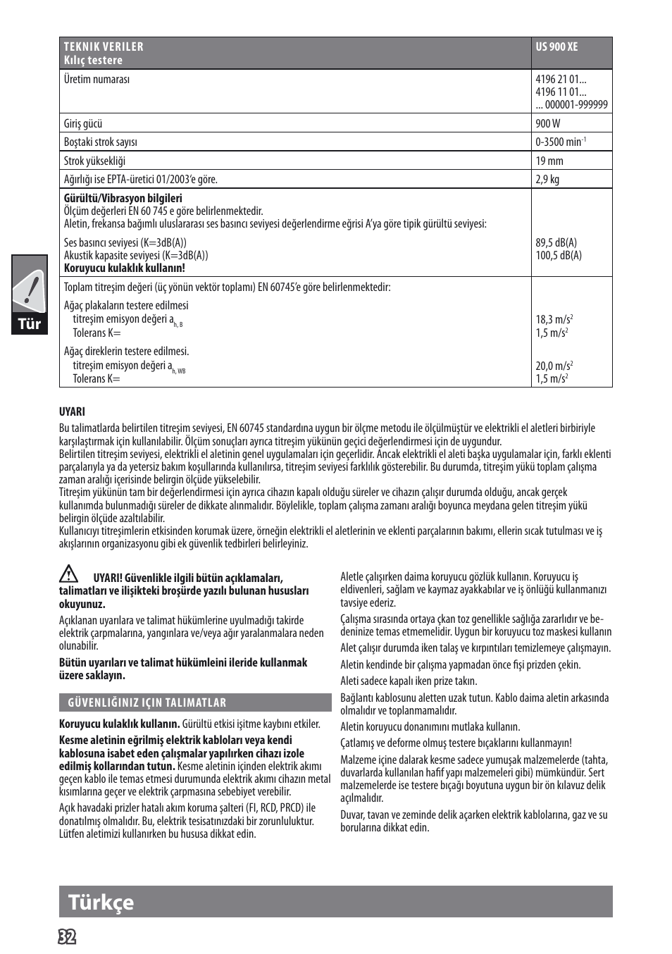 Türkçe | AEG US 900 XE User Manual | Page 34 / 64