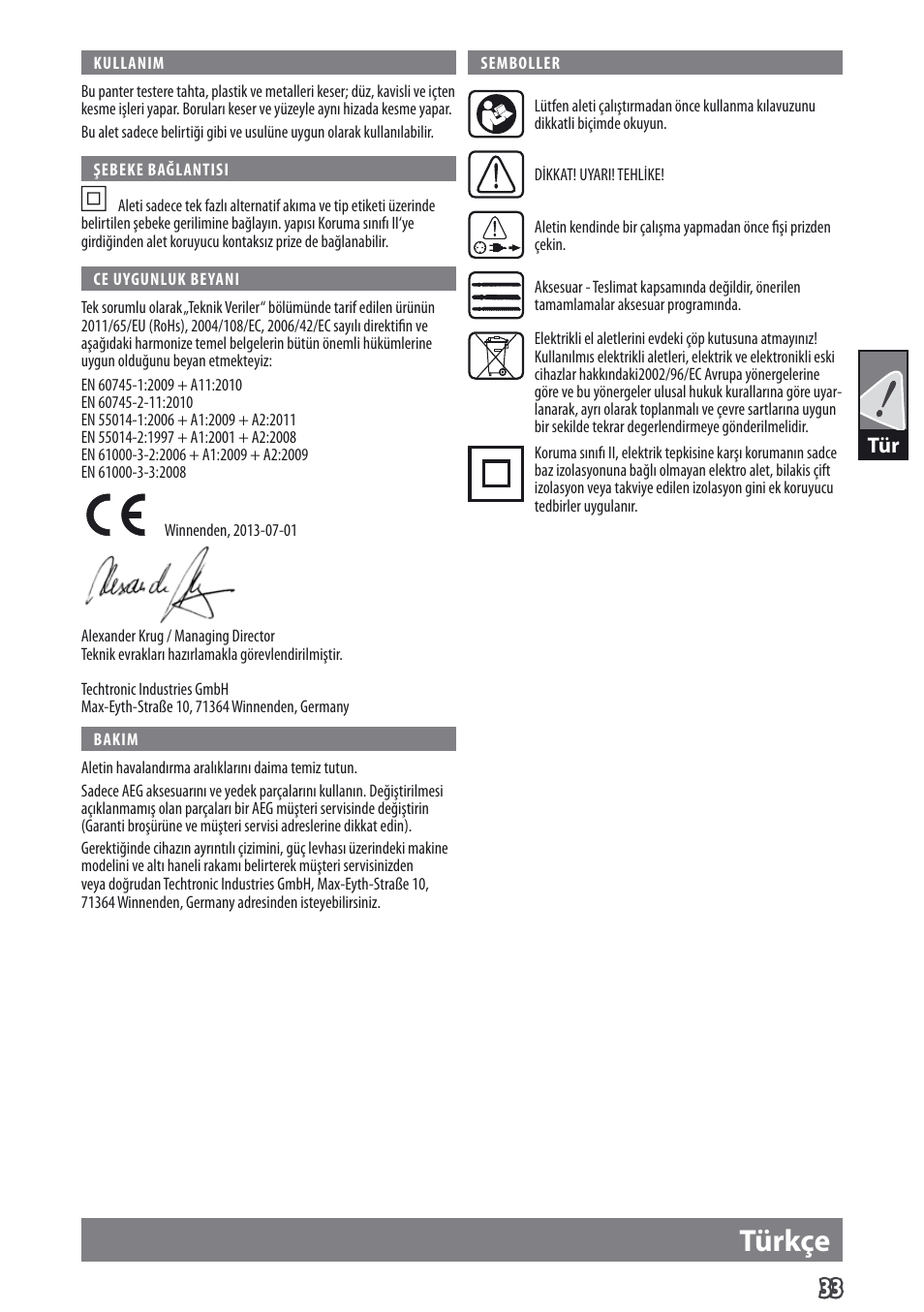 Türkçe | AEG US 900 XE User Manual | Page 35 / 64
