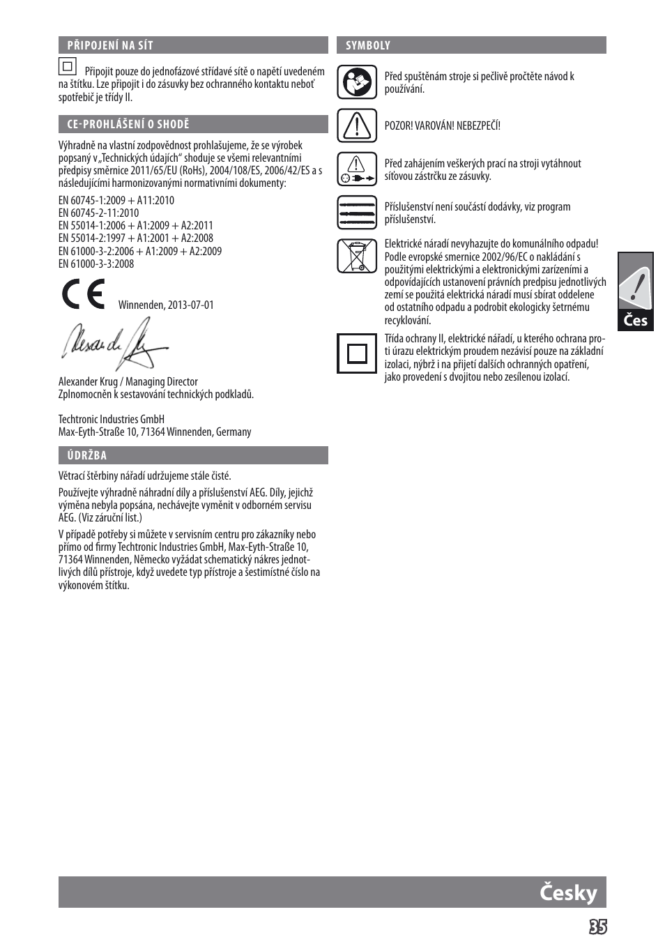 Česky | AEG US 900 XE User Manual | Page 37 / 64