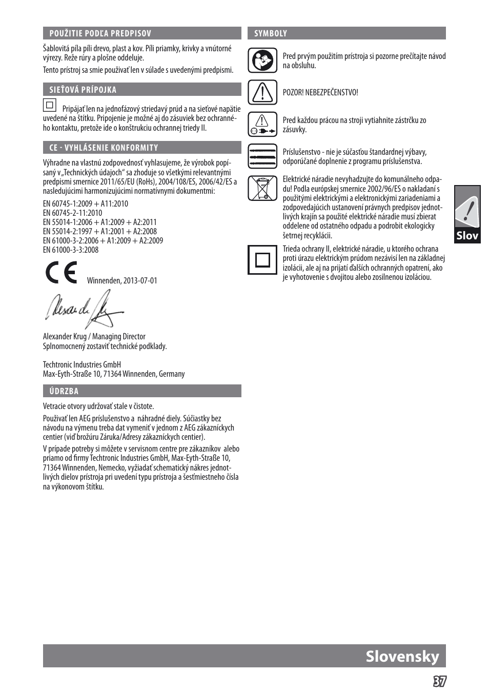 Slovensky, Slov | AEG US 900 XE User Manual | Page 39 / 64