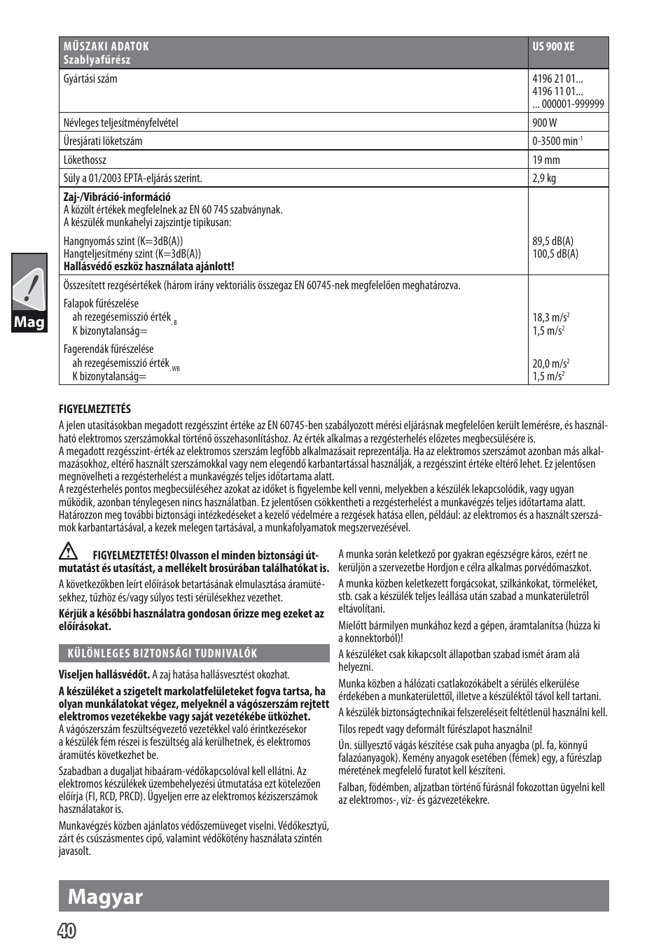 Magyar | AEG US 900 XE User Manual | Page 42 / 64