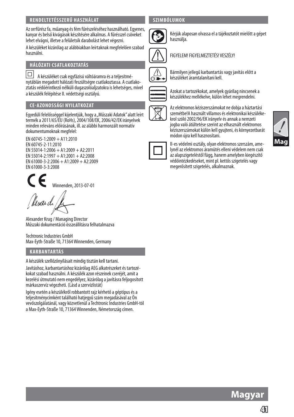 Magyar | AEG US 900 XE User Manual | Page 43 / 64