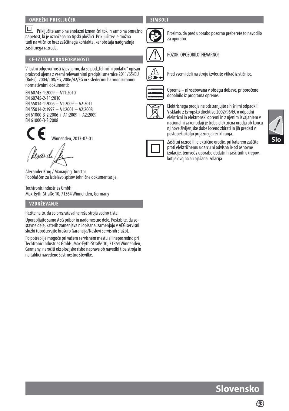 Slovensko | AEG US 900 XE User Manual | Page 45 / 64