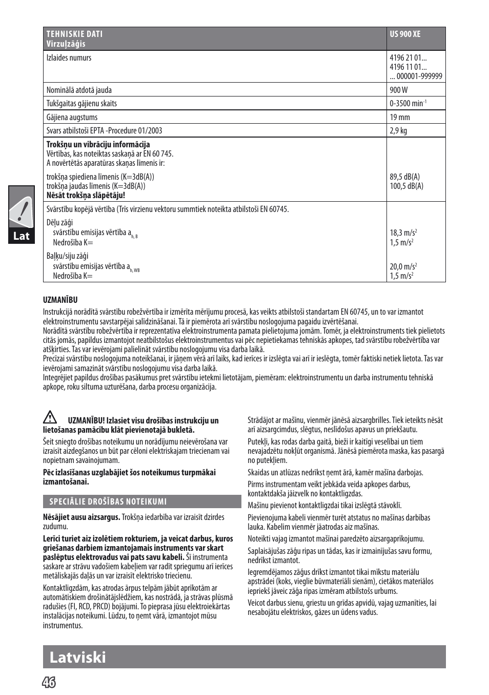 Latviski | AEG US 900 XE User Manual | Page 48 / 64