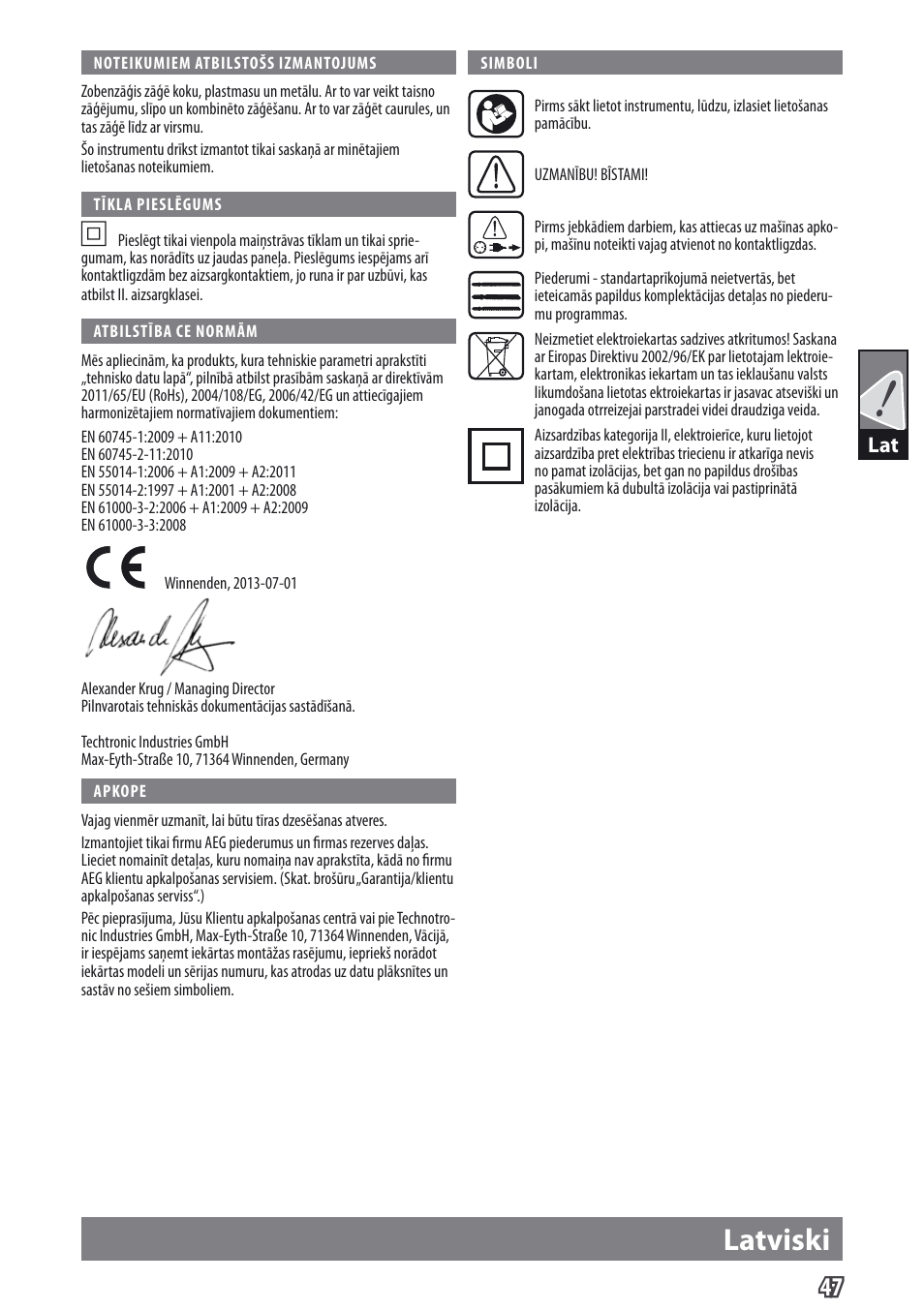 Latviski | AEG US 900 XE User Manual | Page 49 / 64