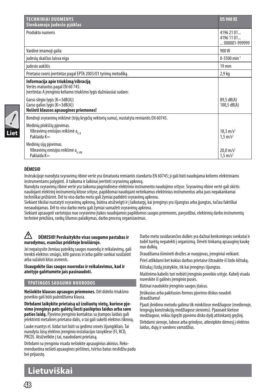 Lietuviškai, Liet | AEG US 900 XE User Manual | Page 50 / 64