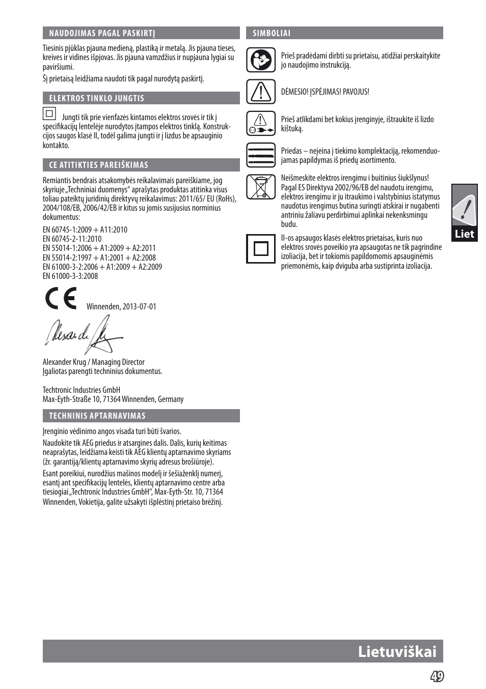 Lietuviškai, Liet | AEG US 900 XE User Manual | Page 51 / 64