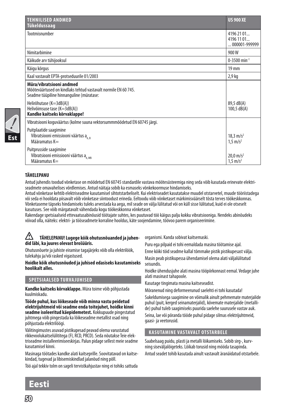 Eesti | AEG US 900 XE User Manual | Page 52 / 64