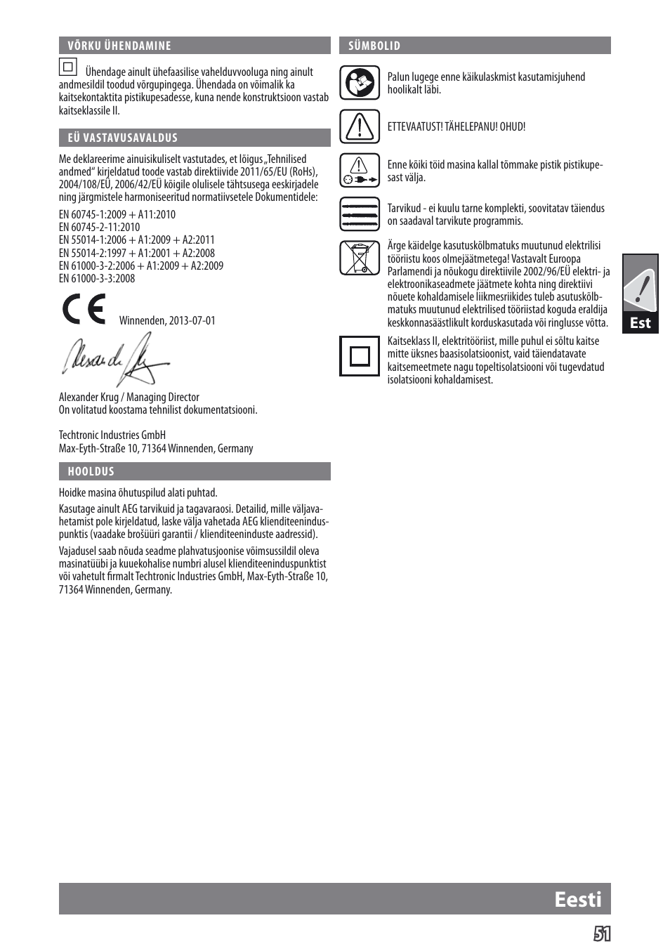 Eesti | AEG US 900 XE User Manual | Page 53 / 64