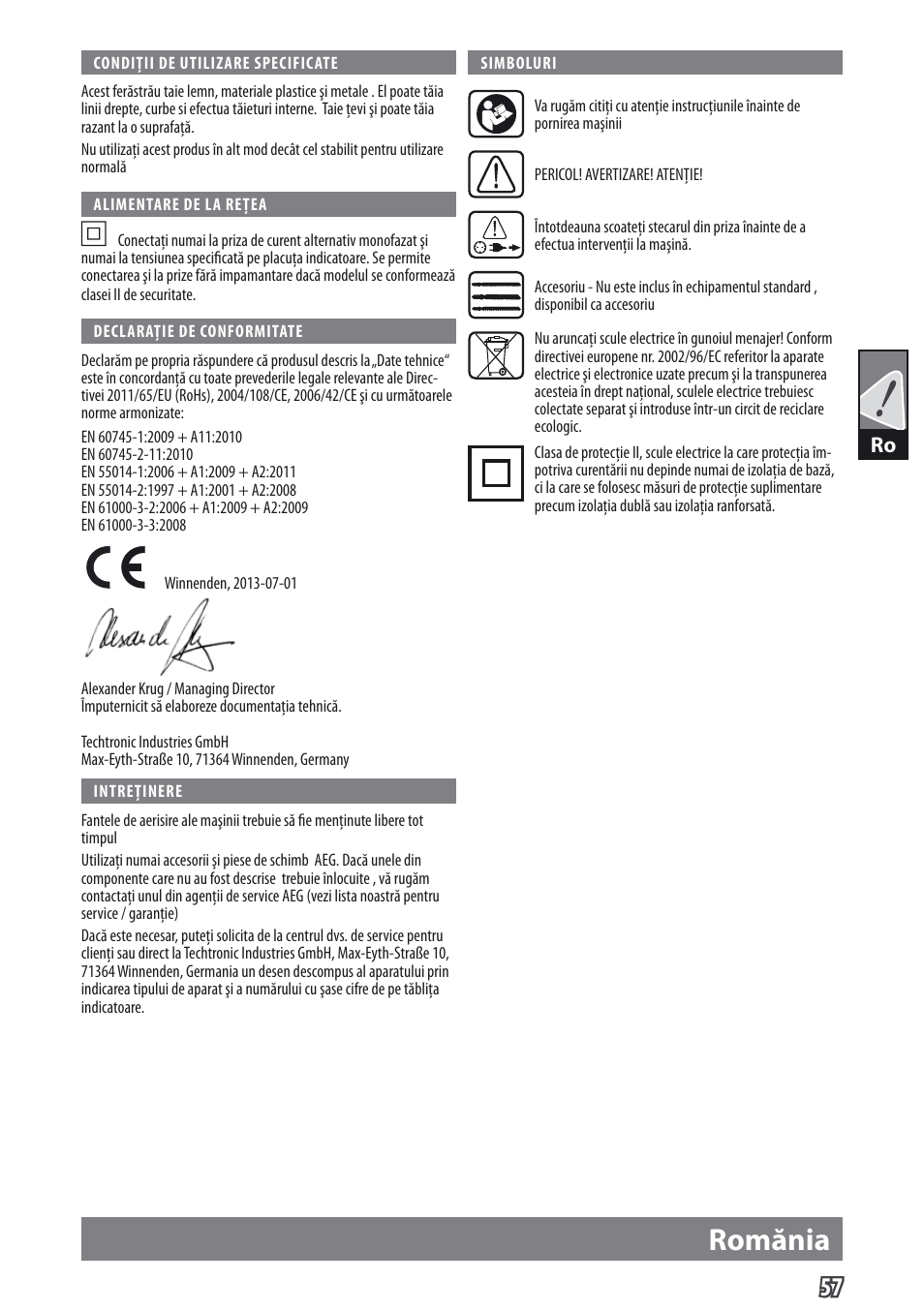 Romănia | AEG US 900 XE User Manual | Page 59 / 64