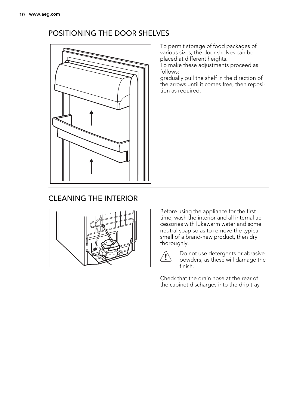 Positioning the door shelves, Cleaning the interior | AEG S74010KDX0 User Manual | Page 10 / 72