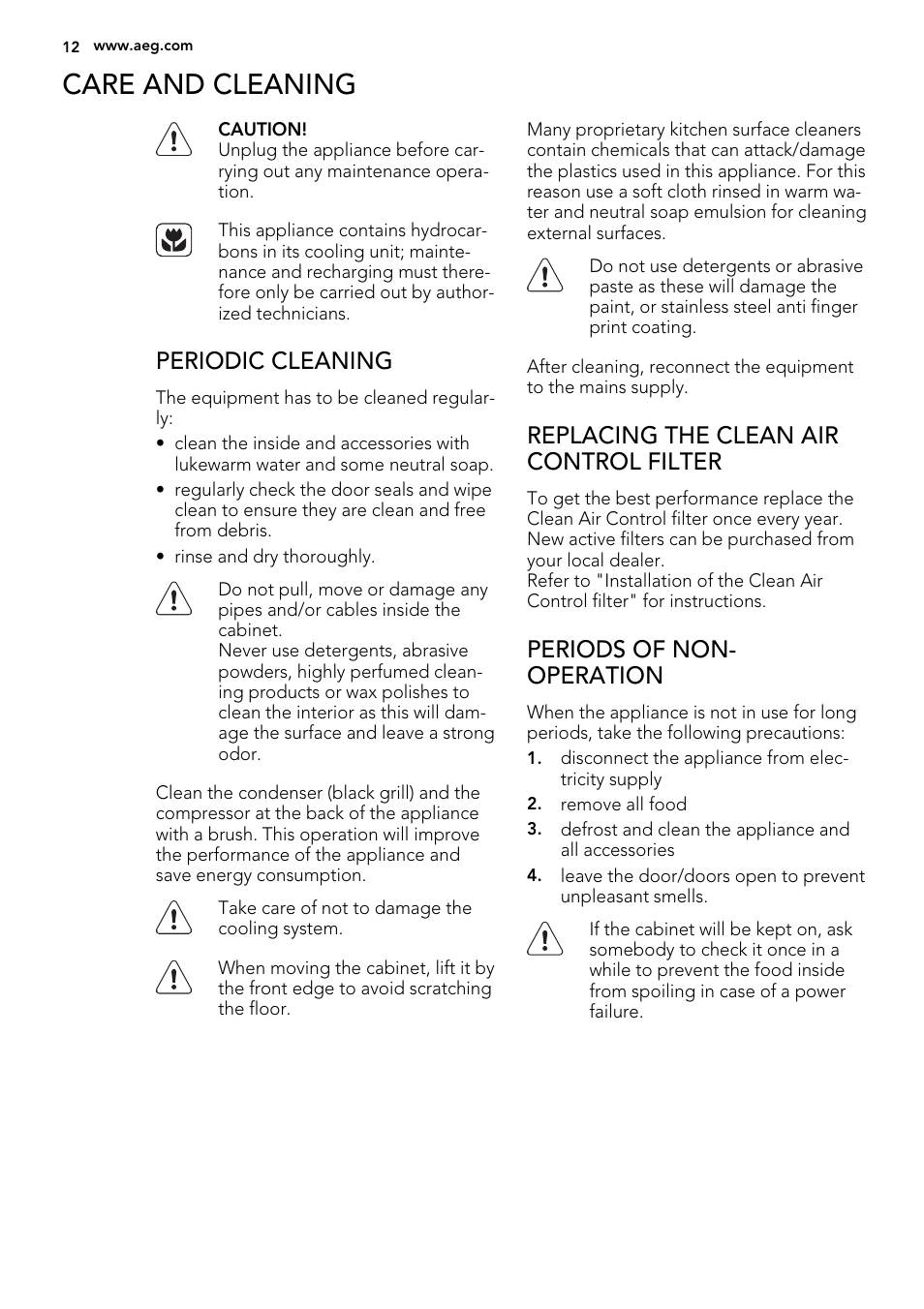 Care and cleaning, Periodic cleaning, Replacing the clean air control filter | Periods of non- operation | AEG S74010KDX0 User Manual | Page 12 / 72