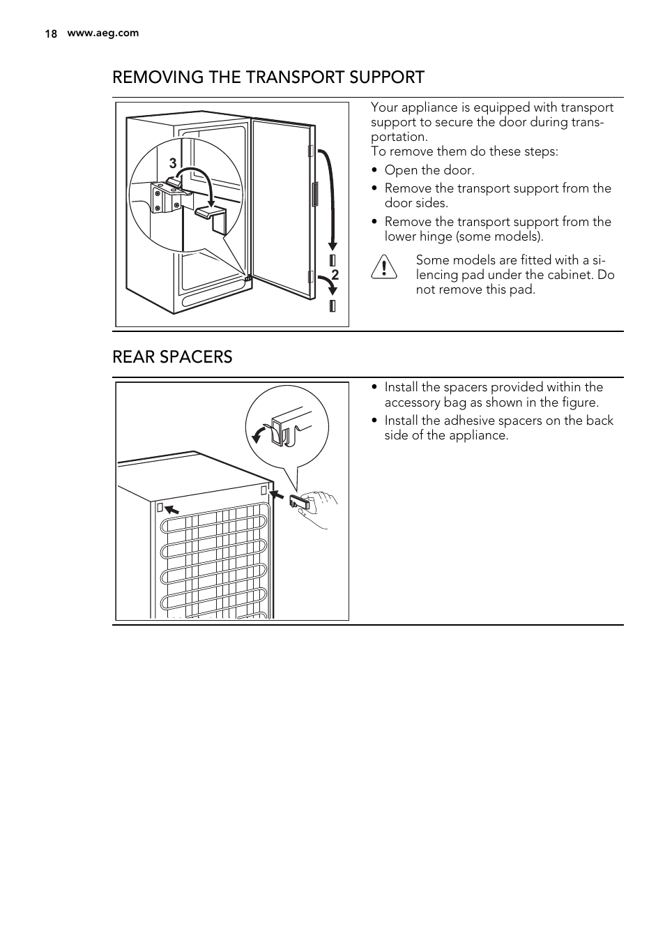 Removing the transport support, Rear spacers | AEG S74010KDX0 User Manual | Page 18 / 72