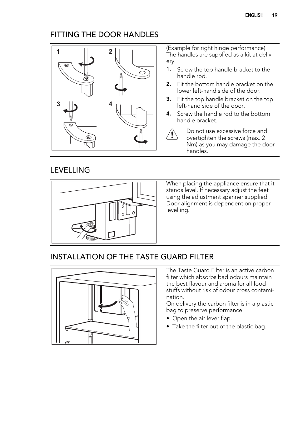 Fitting the door handles, Levelling, Installation of the taste guard filter | AEG S74010KDX0 User Manual | Page 19 / 72