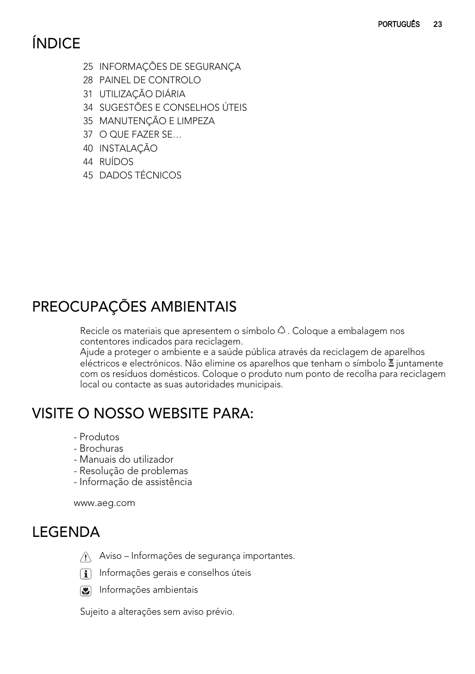 Índice, Preocupações ambientais, Visite o nosso website para | Legenda | AEG S74010KDX0 User Manual | Page 23 / 72