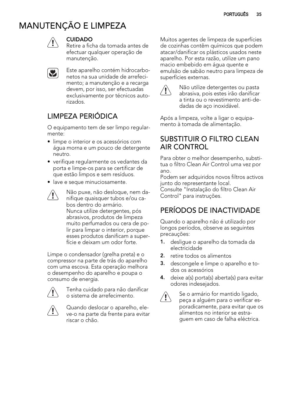 Manutenção e limpeza, Limpeza periódica, Substituir o filtro clean air control | Períodos de inactividade | AEG S74010KDX0 User Manual | Page 35 / 72