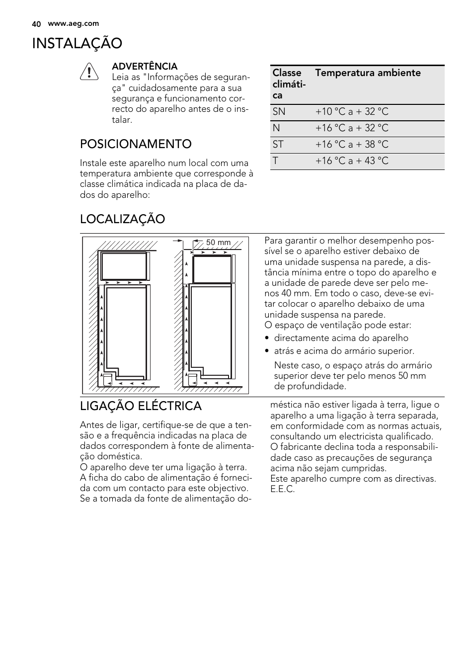 Instalação, Posicionamento, Localização | Ligação eléctrica | AEG S74010KDX0 User Manual | Page 40 / 72