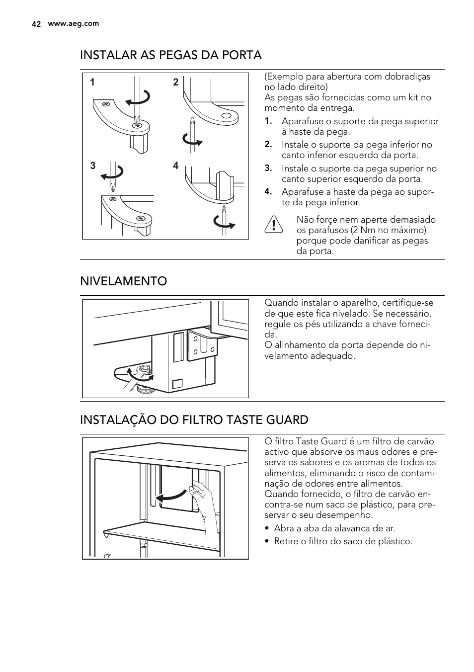 Instalar as pegas da porta, Nivelamento, Instalação do filtro taste guard | AEG S74010KDX0 User Manual | Page 42 / 72