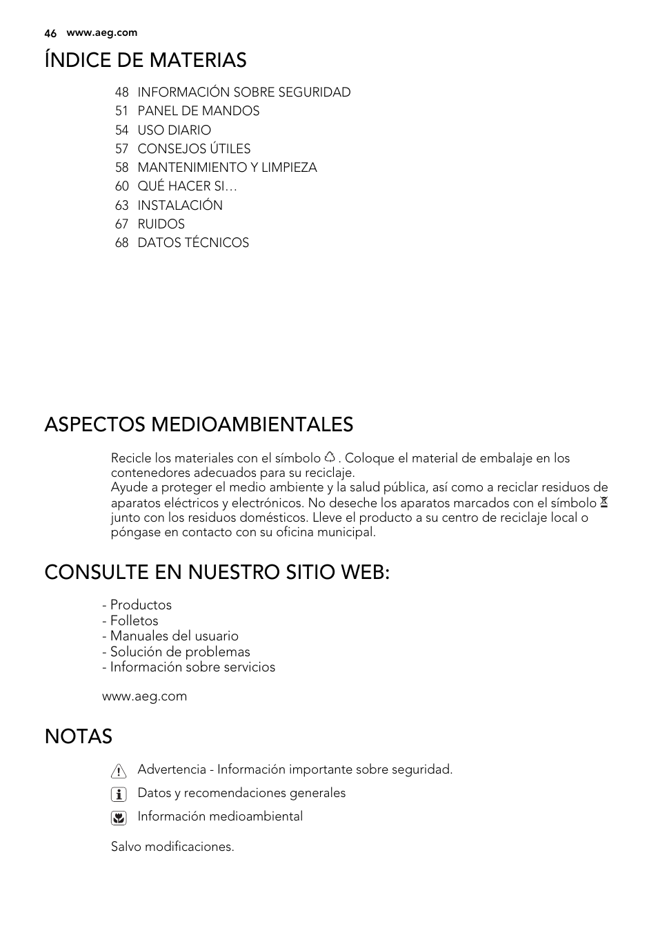 Índice de materias, Aspectos medioambientales, Consulte en nuestro sitio web | Notas | AEG S74010KDX0 User Manual | Page 46 / 72