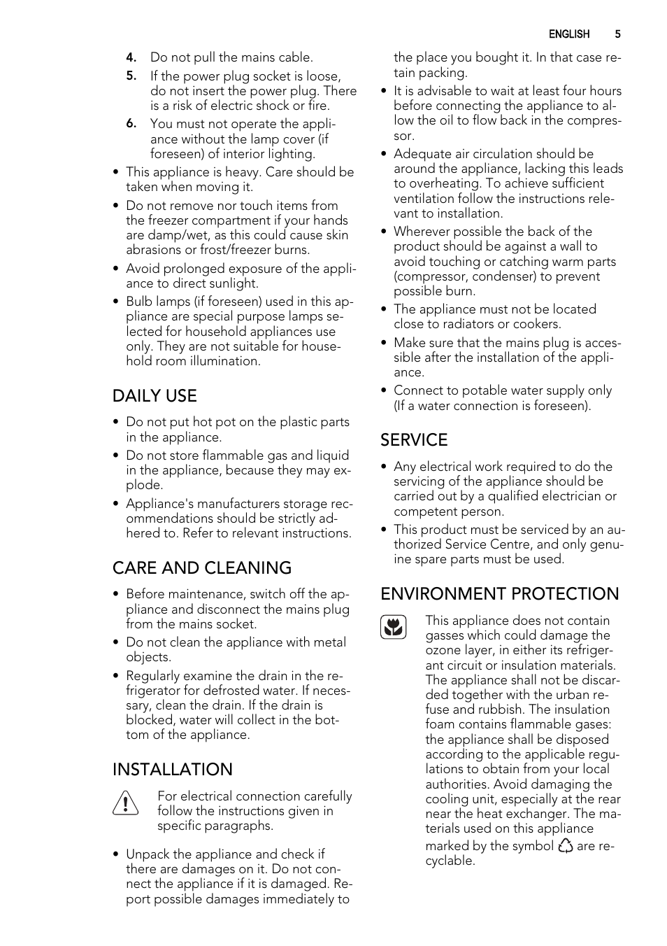 Daily use, Care and cleaning, Installation | Service, Environment protection | AEG S74010KDX0 User Manual | Page 5 / 72