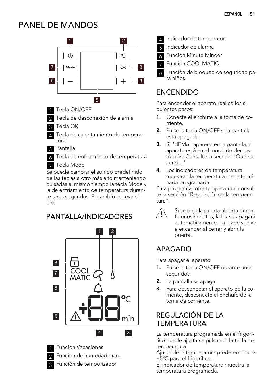 Panel de mandos, Pantalla/indicadores, Encendido | Apagado, Regulación de la temperatura | AEG S74010KDX0 User Manual | Page 51 / 72