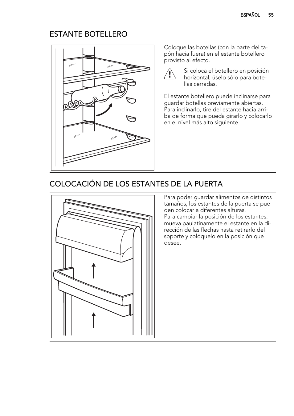 Estante botellero, Colocación de los estantes de la puerta | AEG S74010KDX0 User Manual | Page 55 / 72
