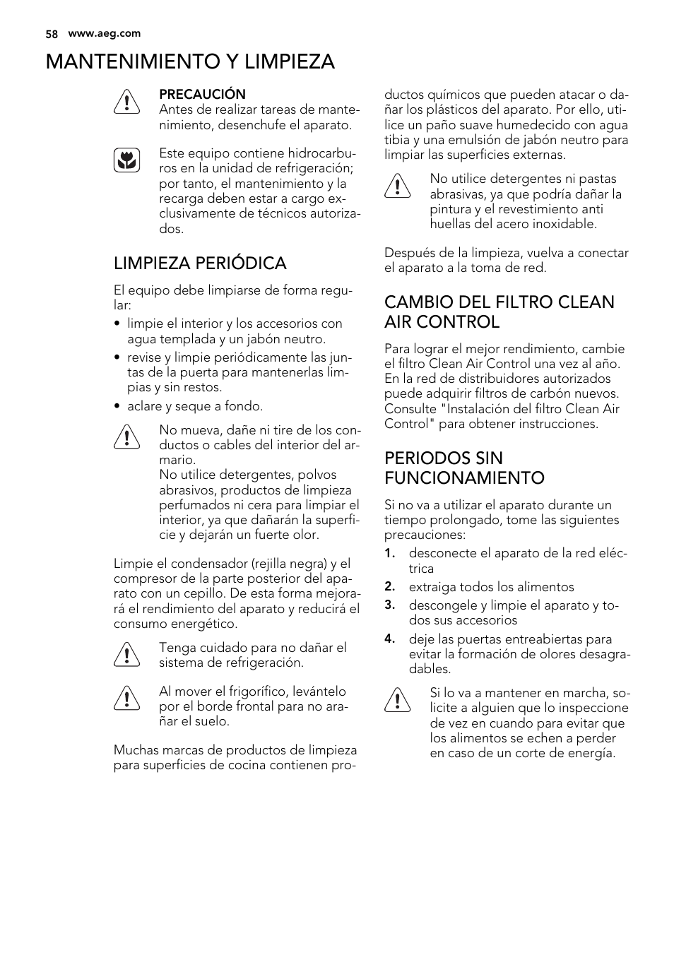 Mantenimiento y limpieza, Limpieza periódica, Cambio del filtro clean air control | Periodos sin funcionamiento | AEG S74010KDX0 User Manual | Page 58 / 72