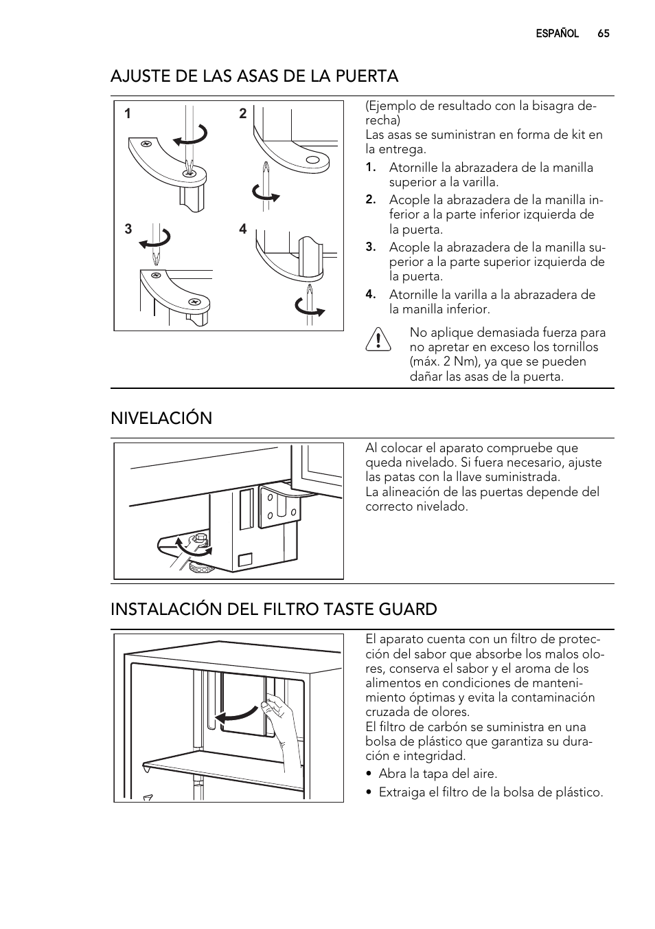 Ajuste de las asas de la puerta, Nivelación, Instalación del filtro taste guard | AEG S74010KDX0 User Manual | Page 65 / 72