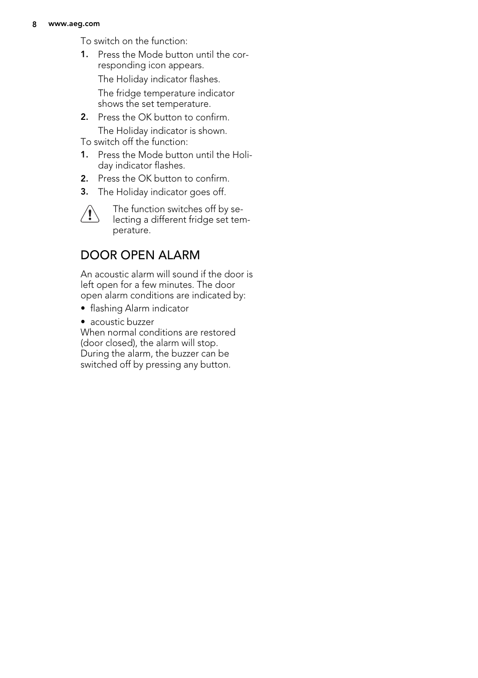 Door open alarm | AEG S74010KDX0 User Manual | Page 8 / 72