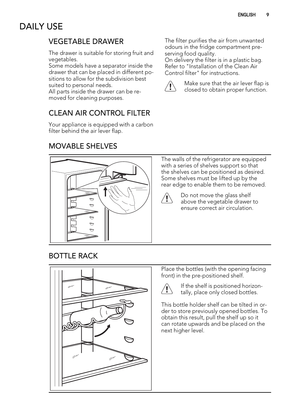 Daily use, Vegetable drawer, Clean air control filter | Movable shelves, Bottle rack | AEG S74010KDX0 User Manual | Page 9 / 72