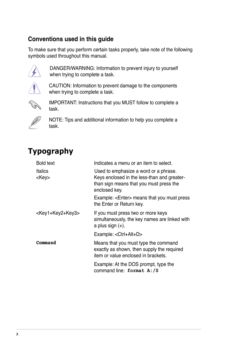 Typography, Conventions used in this guide | Asus Motherboard DSBF-DE/SAS User Manual | Page 10 / 206