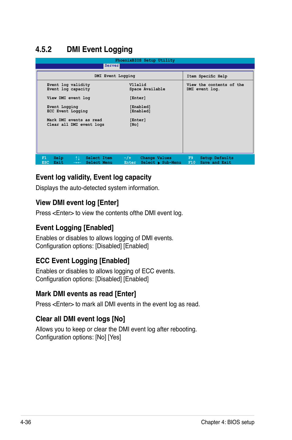 2 dmi event logging, Event log validity, event log capacity, View dmi event log [enter | Event logging [enabled, Ecc event logging [enabled, Mark dmi events as read [enter, Clear all dmi event logs [no, Displays the auto-detected system information | Asus Motherboard DSBF-DE/SAS User Manual | Page 106 / 206