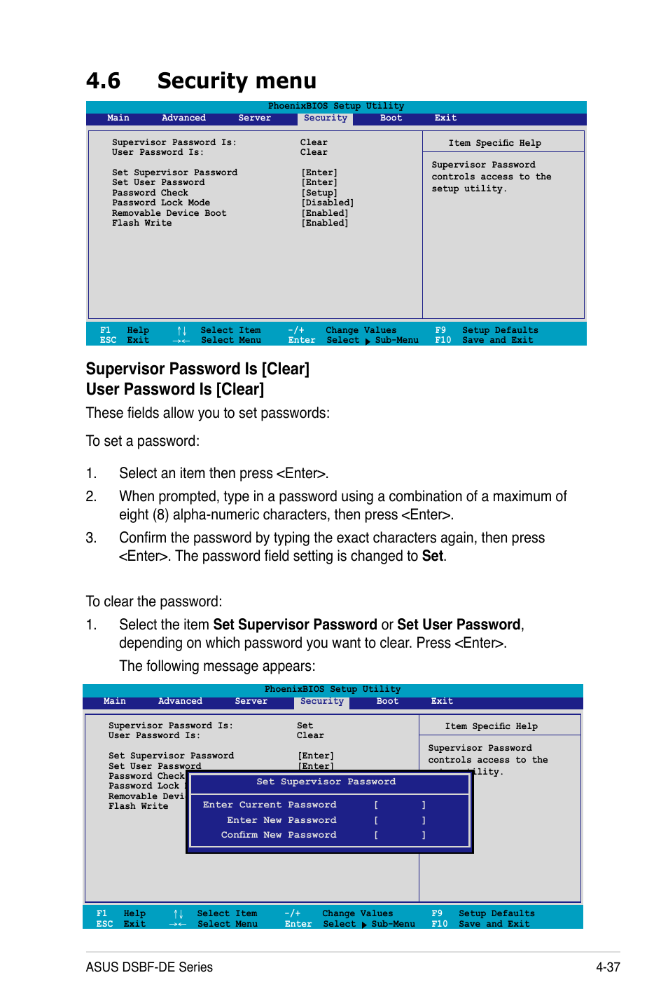 6 security menu, Asus dsbf-de series 4-37 | Asus Motherboard DSBF-DE/SAS User Manual | Page 107 / 206