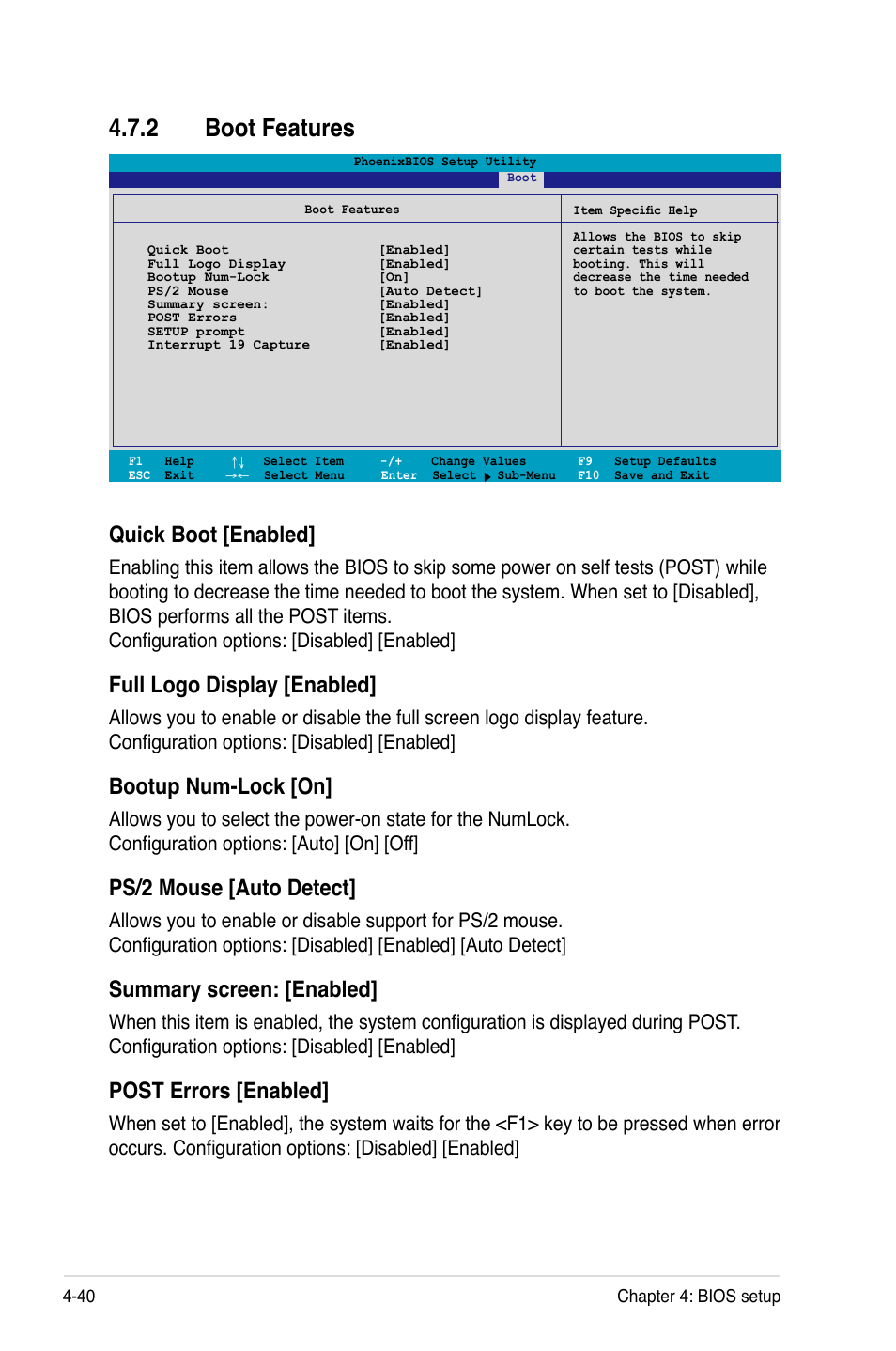 2 boot features, Quick boot [enabled, Full logo display [enabled | Bootup num-lock [on, Ps/2 mouse [auto detect, Summary screen: [enabled, Post errors [enabled | Asus Motherboard DSBF-DE/SAS User Manual | Page 110 / 206