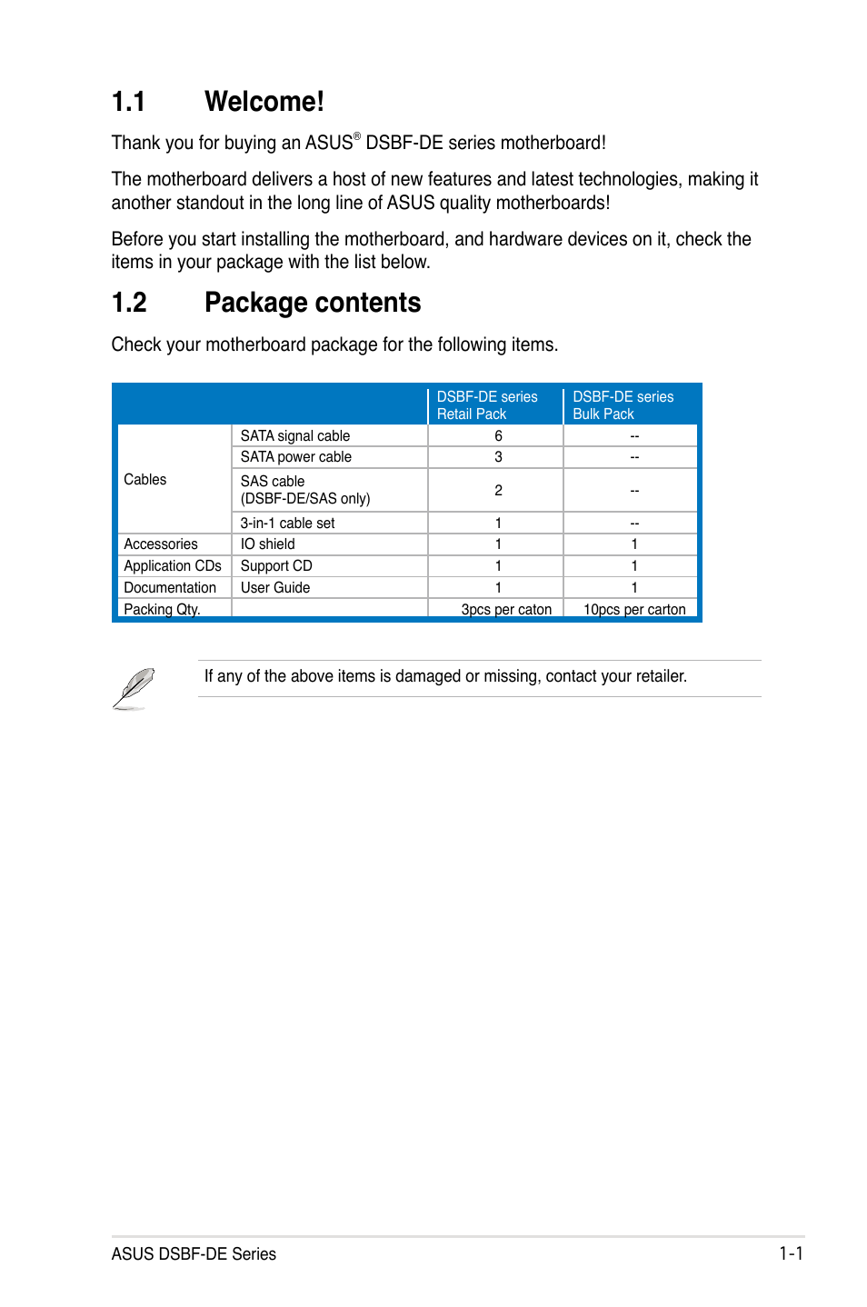 1 welcome, 2 package contents | Asus Motherboard DSBF-DE/SAS User Manual | Page 15 / 206