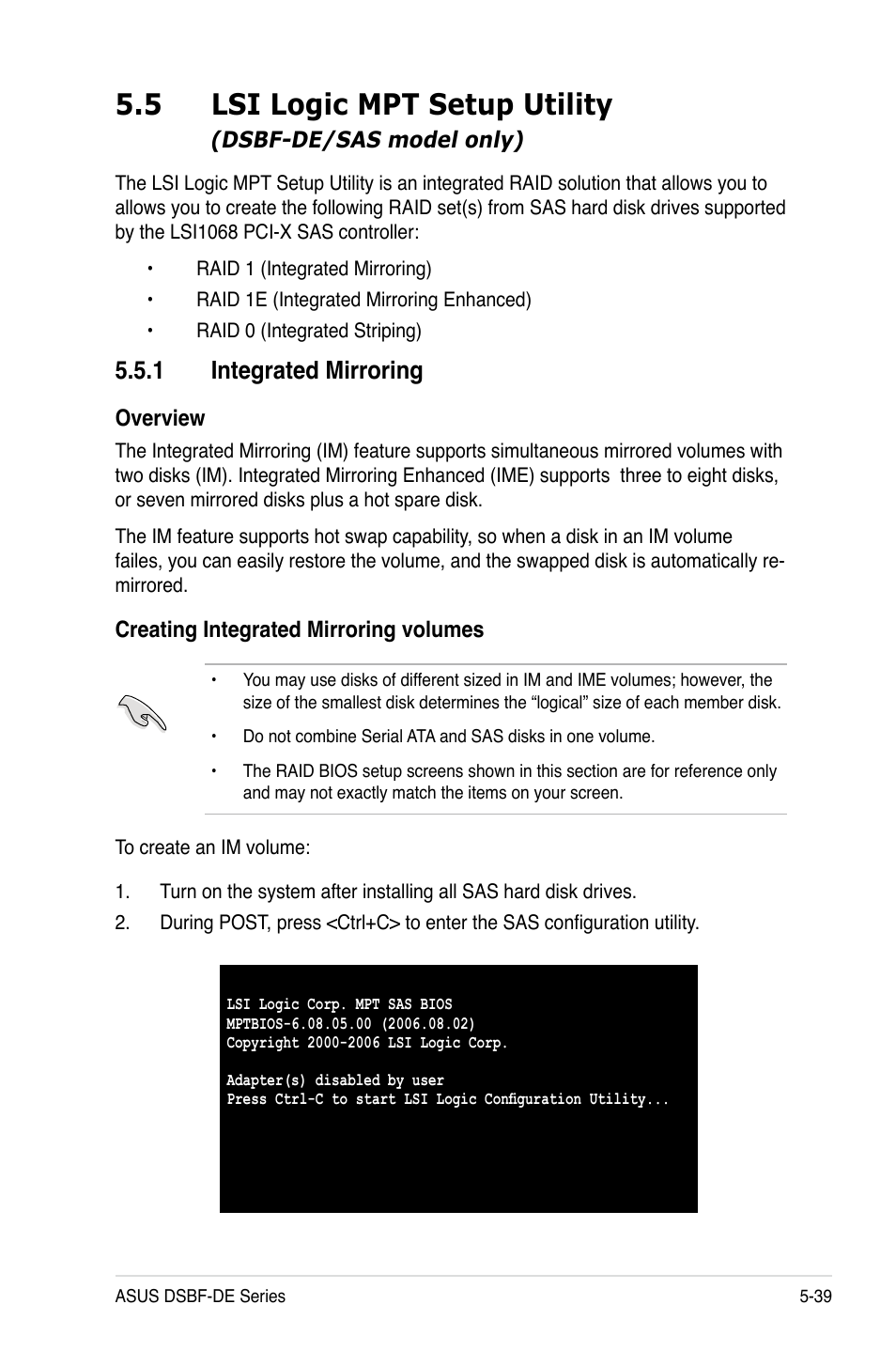 5 lsi logic mpt setup utility, 1 integrated mirroring | Asus Motherboard DSBF-DE/SAS User Manual | Page 153 / 206