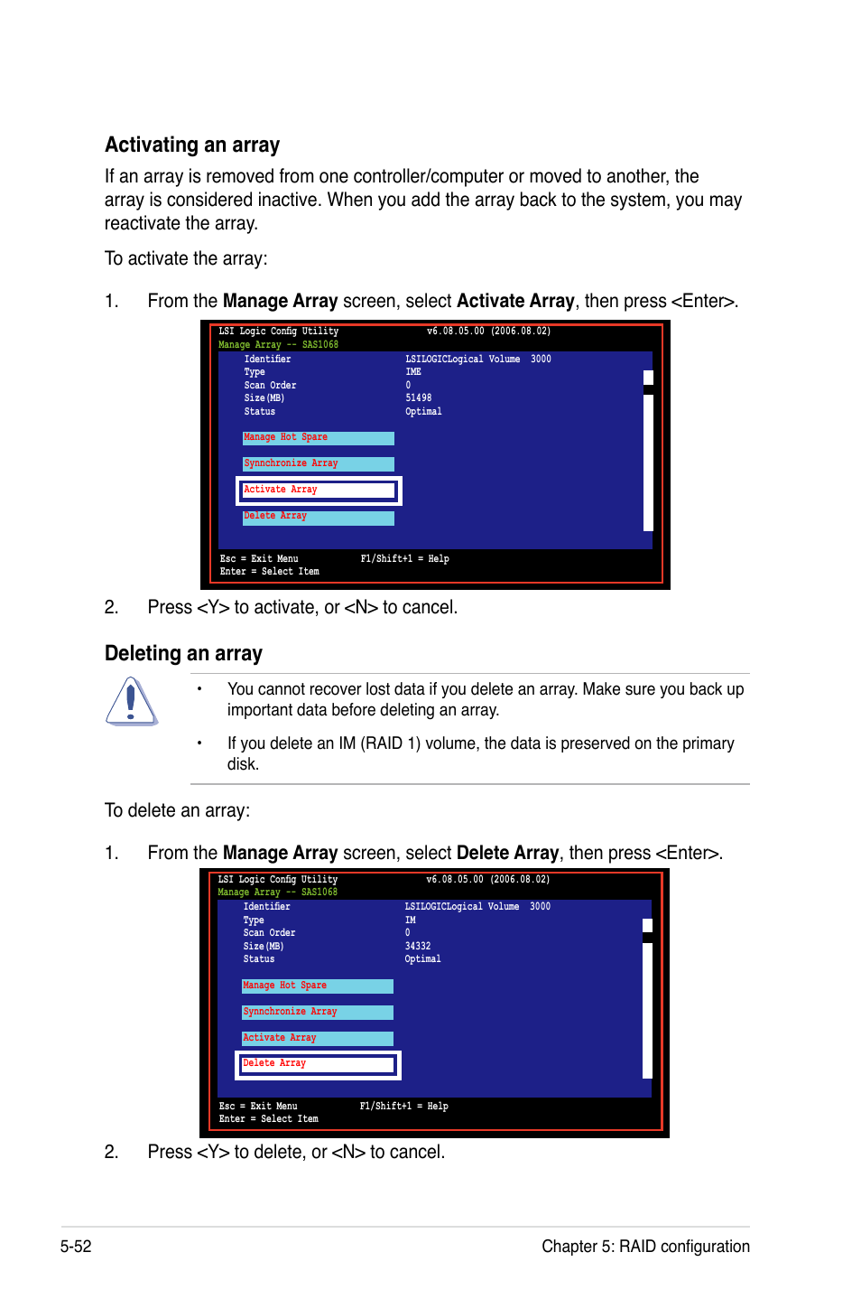 Activating an array, Deleting an array, 52 chapter 5: raid configuration | Asus Motherboard DSBF-DE/SAS User Manual | Page 166 / 206