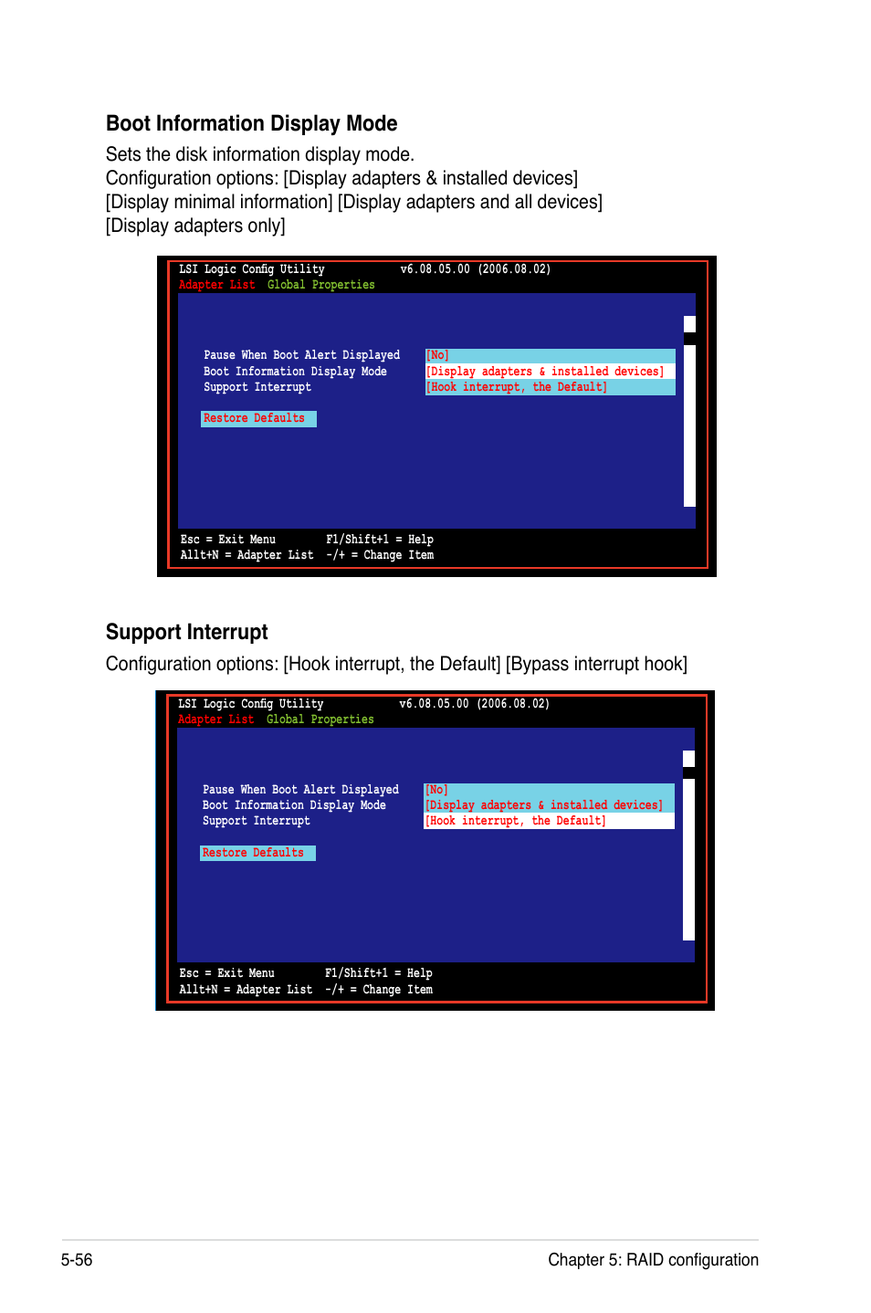 Boot information display mode, Support interrupt | Asus Motherboard DSBF-DE/SAS User Manual | Page 170 / 206