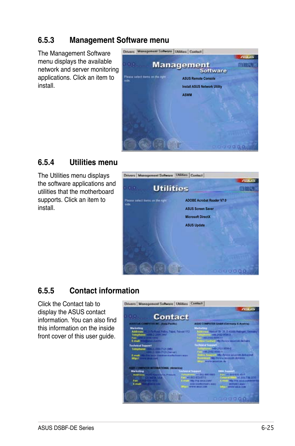 3 management software menu, 4 utilities menu, 5 contact information | Asus Motherboard DSBF-DE/SAS User Manual | Page 199 / 206