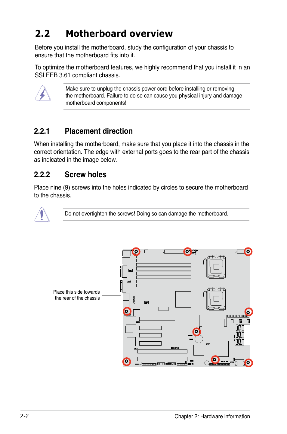 2 motherboard overview, 1 placement direction, 2 screw holes | Asus Motherboard DSBF-DE/SAS User Manual | Page 22 / 206