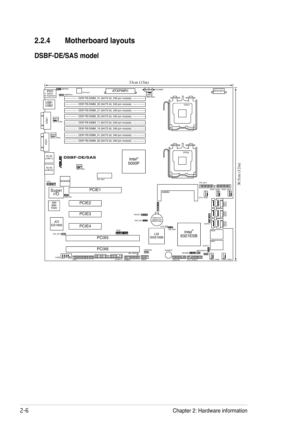 4 motherboard layouts, Dsbf-de/sas model, Chapter 2: hardware information | Super i/o, Intel, 6321esb intel, 5000p, Pcie1, Pcie2 pcix6, Pcie3 pcie4 pcix5 | Asus Motherboard DSBF-DE/SAS User Manual | Page 26 / 206