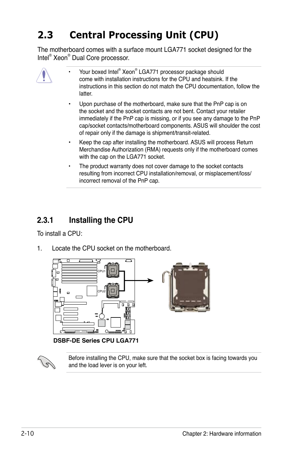 3 central processing unit (cpu), 1 installing the cpu | Asus Motherboard DSBF-DE/SAS User Manual | Page 30 / 206