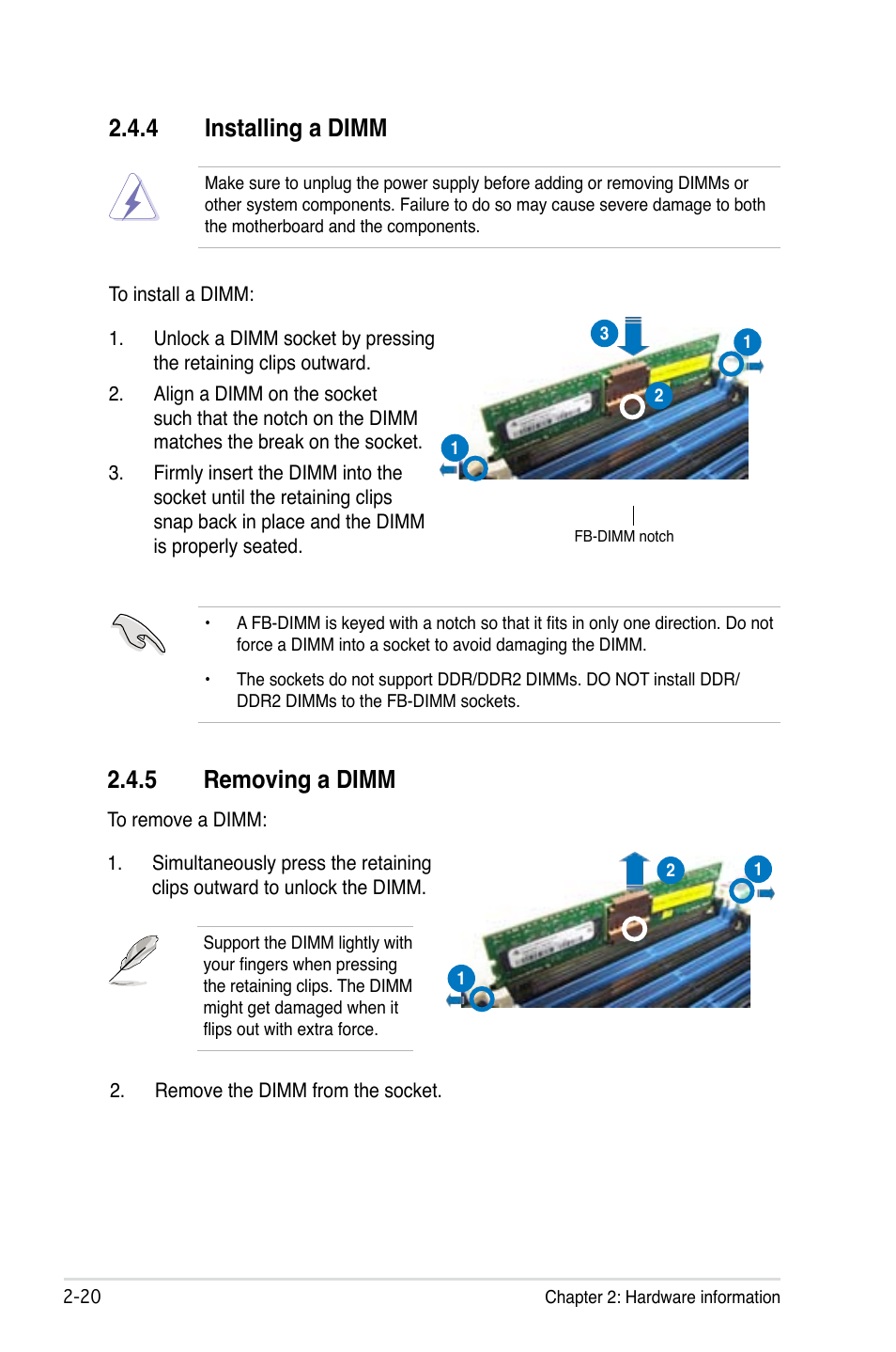 4 installing a dimm, 5 removing a dimm | Asus Motherboard DSBF-DE/SAS User Manual | Page 40 / 206